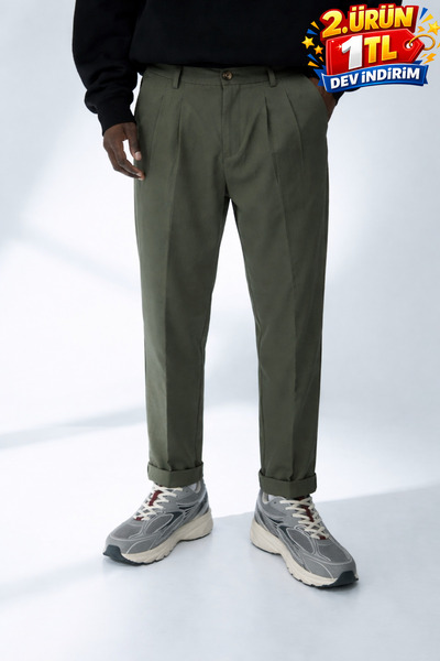 DAMGA JEANS Ανδρικό ριγέ καλοκαιρινό χακί παντελόνι από ιταλικό ύφασμα