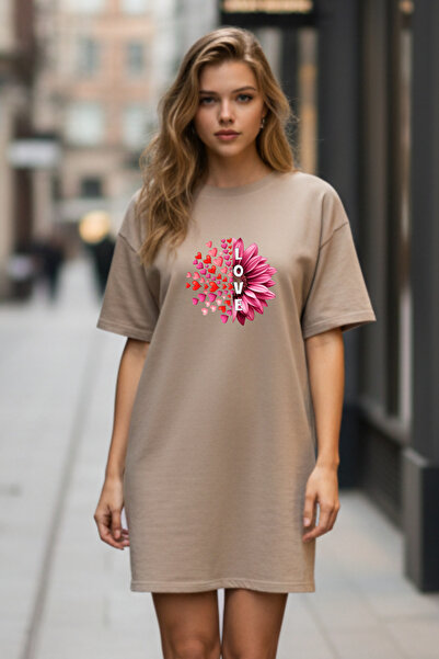 valeriae Elbisee Women's Black Oversize T-Shirt Dress – Love Flower and Heart...