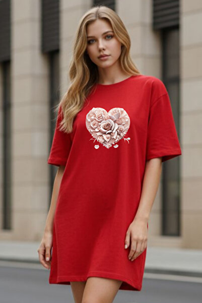 Frisson Elbisee Women's Red Oversize T-Shirt Dress – Heart Rose Pattern