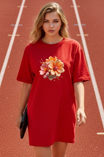 Frisson Elbisee Women's Red Oversize T-Shirt Dress – Orange Floral Bouquet Pr...
