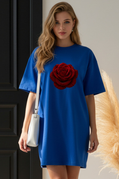 Pink Sky Elbisee Women's Red Oversize T-Shirt Dress – Red Rose Print (Rose De...