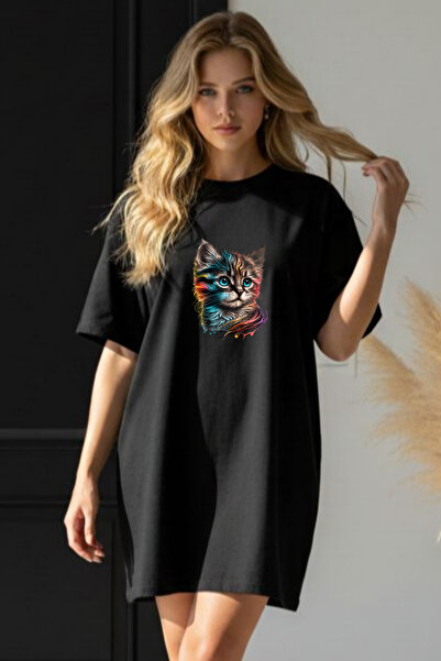 EFFRENATU Elbisee Γυναικείο Μαύρο Φόρεμα T-Shirt Oversize με Πολύχρωμο Τύπωμα...