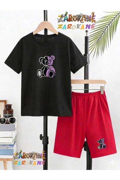 ZAROKANE Purple Bear Printed Top and Shorts/T-Shirt Summer Children's Two-Pie...