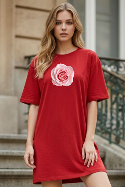 Pink Sky Elbisee Women's Red Oversize T-Shirt Dress – Pink Rose Print
