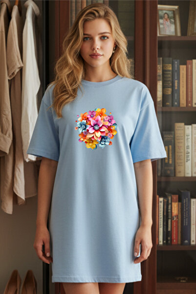 Frisson Elbisee Γυναικείο Κόκκινο Φόρεμα T-Shirt Oversize – Με Πολύχρωμο Σχέδ...