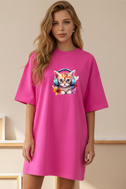 Frisson Elbisee Γυναικείο Κόκκινο Φόρεμα T-Shirt Oversize – Με στάμπα γάτας μ...