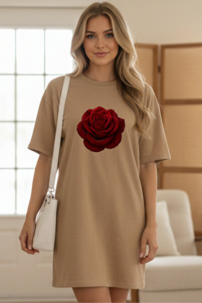 valeriae Elbisee Women's Red Oversize T-Shirt Dress – Red Rose Print (Rose De...