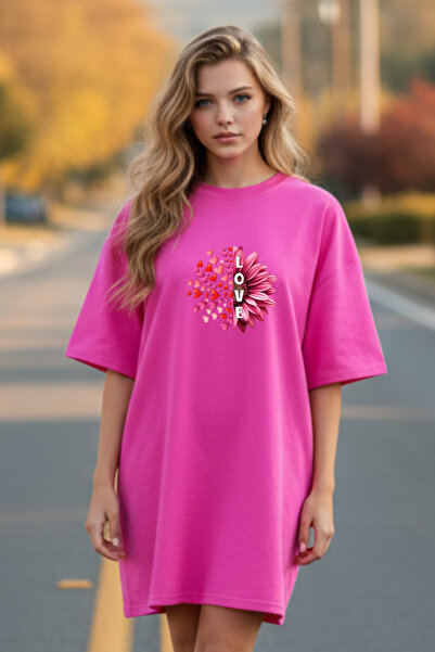 Frisson Γυναικείο μαύρο φόρεμα μπλουζάκι oversize Elbisee – με στάμπα λουλουδ...