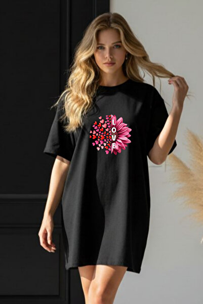 valeriae Γυναικείο μαύρο φόρεμα μπλουζάκι oversize Elbisee – με στάμπα λουλου...