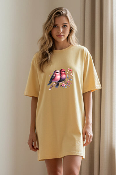 Frisson Γυναικείο πράσινο φόρεμα μπλουζάκι Elbisee – με χαριτωμένα πουλιά και...