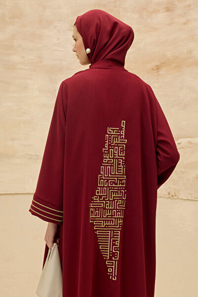 ViadelAtelier Tasarım Sırt Geometrik Şehir Haritalı Nakış İşlemeli Bordo Abaya