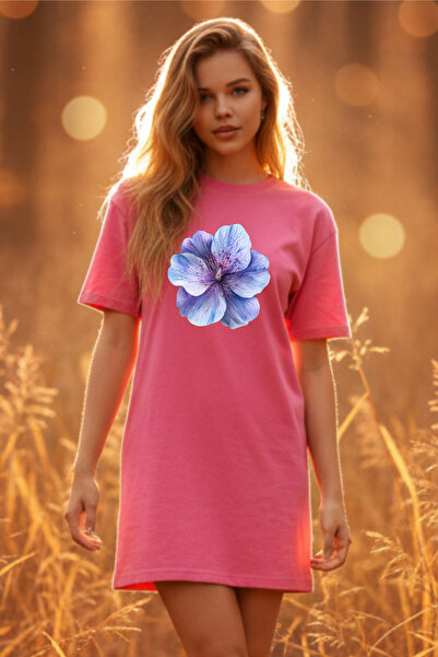 Pink Sky Elbisee Γυναικείο Κόκκινο Oversize Φόρεμα T-Shirt – Μωβ με φλοράλ στ...