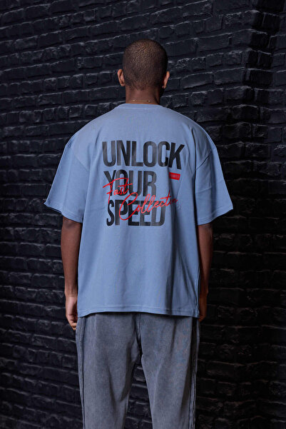 QUİCKPREP Men's White-Black-Blue Oversize Loose Cut Back Printed Crew Neck T-...