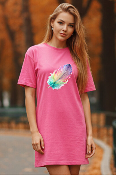 Frisson Elbisee Κόκκινο Oversize Γυναικείο Φόρεμα T-shirt – Με Πολύχρωμο Σχέδ...