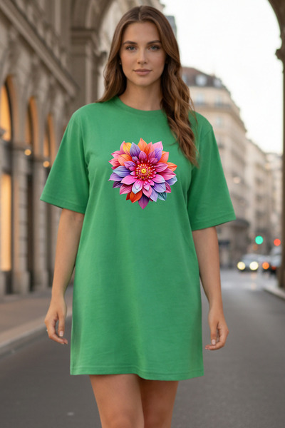 bellanova Elbisee Γυναικείο Κόκκινο Φόρεμα T-Shirt Oversize – Με Πολύχρωμο Φλ...