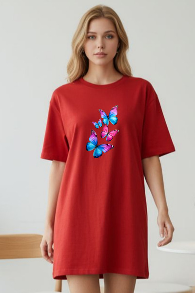Frisson Elbisee Women's Red Oversize T-Shirt Dress – Colorful Butterflies Pri...