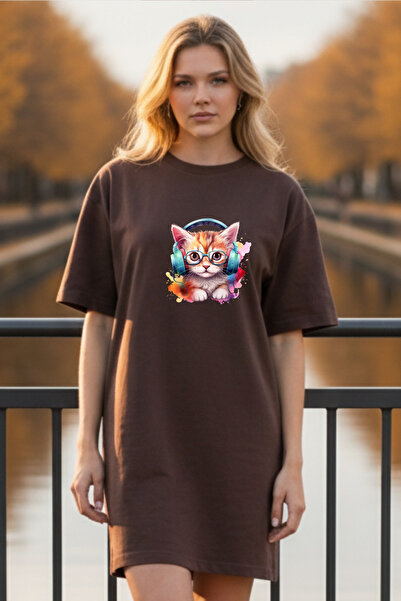 Pink Sky Elbisee Γυναικείο Κόκκινο Φόρεμα T-Shirt Oversize – Με στάμπα γάτας ...