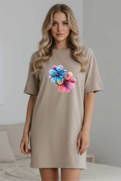 valeriae Elbisee Women's Red Oversize T-Shirt Dress – Colorful Double Floral ...