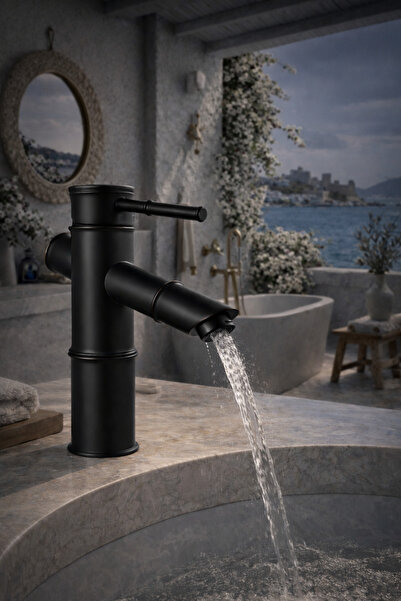 MİXSA Lüx Premium Bambu Siyah Banyo Lavabo Musluğu Çeşmesi