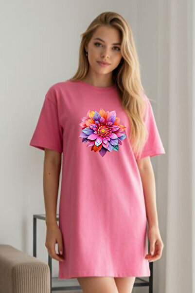 Pink Sky Elbisee Γυναικείο Κόκκινο Φόρεμα T-Shirt Oversize – Με Πολύχρωμο Φλο...
