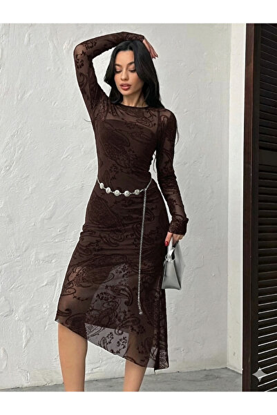 Nes Moda Kadın Desen Kabartmalı Kemerli Tül Elbise