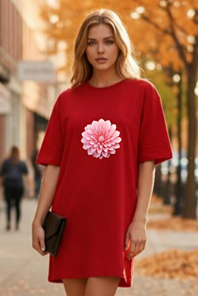 Frisson Elbisee Women's Red Oversize T-Shirt Dress – Pink Floral Print