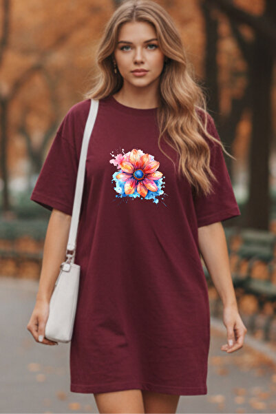 bellanova Elbisee Γυναικείο Κόκκινο Φόρεμα T-Shirt Oversize – Με Πολύχρωμο Φλ...