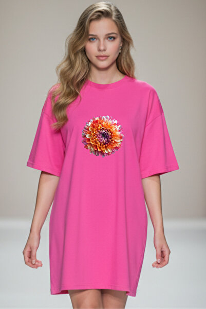 Frisson Elbisee Γυναικείο Κόκκινο Oversize Φόρεμα T-shirt – Πορτοκαλί με φλορ...