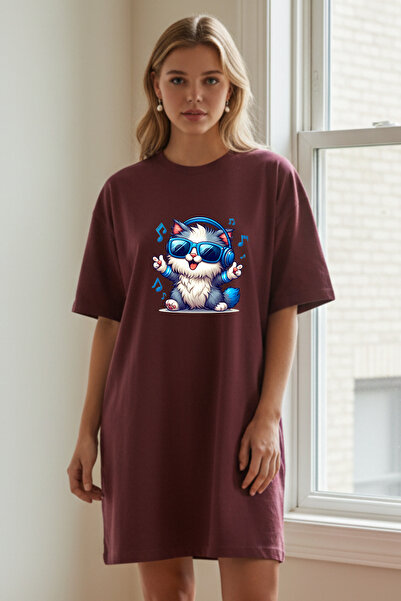 bellanova Elbisee Γυναικείο Κόκκινο Φόρεμα T-Shirt Oversize – Με στάμπα γάτας...