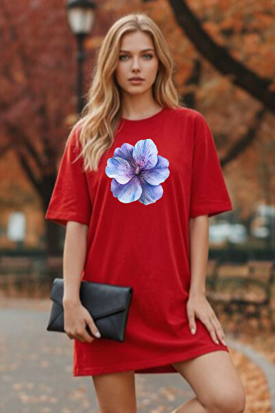 Frisson Elbisee Women's Red Oversize T-Shirt Dress – Purple Floral Print