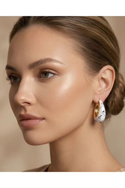 HOSBUTIK Gold white blue enamel hoop earrings