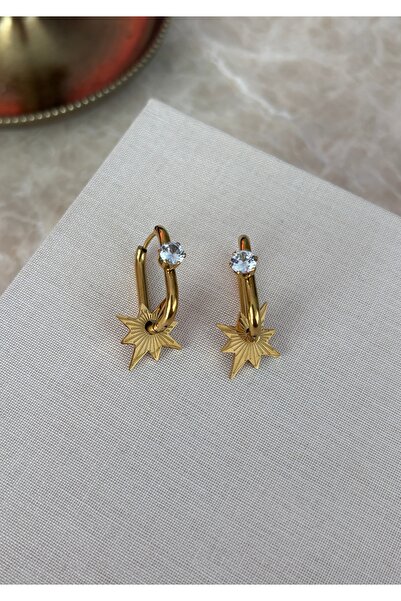 LARİS ACCESSORİES Taşlı Kutup Yıldızı Gold Çelik Göçmen Küpe