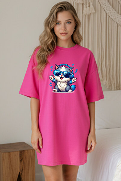 Pink Sky Elbisee Γυναικείο Κόκκινο Φόρεμα T-Shirt Oversize – Με στάμπα γάτας ...