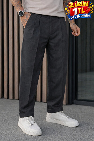 DAMGA JEANS Ανδρικό παντελόνι από καπνιστό ύφασμα με ψηλόμεσο πλισέ σχέδιο Re...