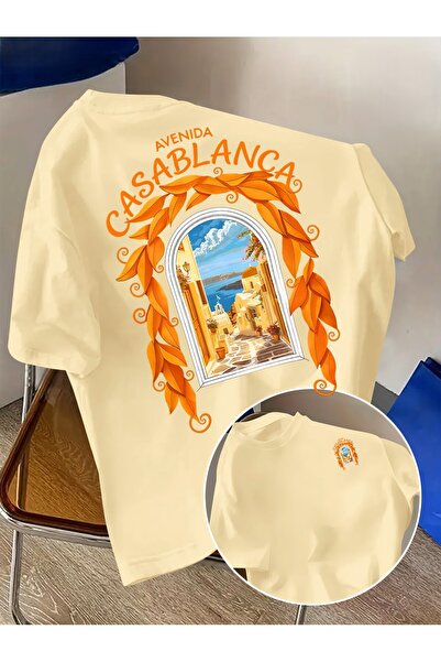 MAVİ YILDIZ CASABLANCA Baskılı Oversize Pamuklu Bisiklet Yaka T-Shirt tshirt
