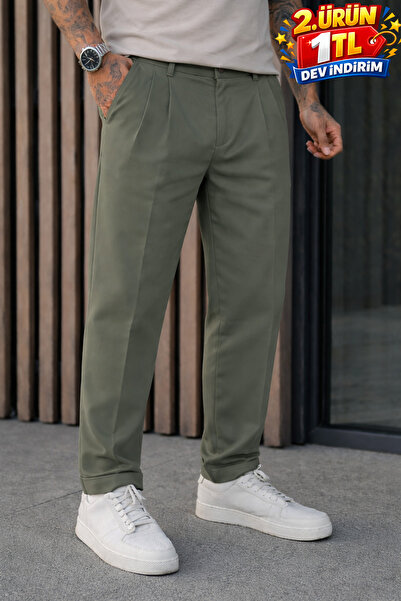 DAMGA JEANS Ανδρικό υφασμάτινο παντελόνι χακί με πιέτες και ψηλόμεσο σχέδιο R...