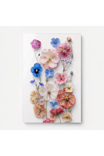 Pastel Renkli Çiçek Kompozisyonu Cam Tablo Minimal Modern Dekoratif Duvar Tablosu