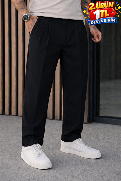 DAMGA JEANS Ανδρικό παντελόνι Relax Fit με ψηλόμεσο πλισέ μαύρο ύφασμα