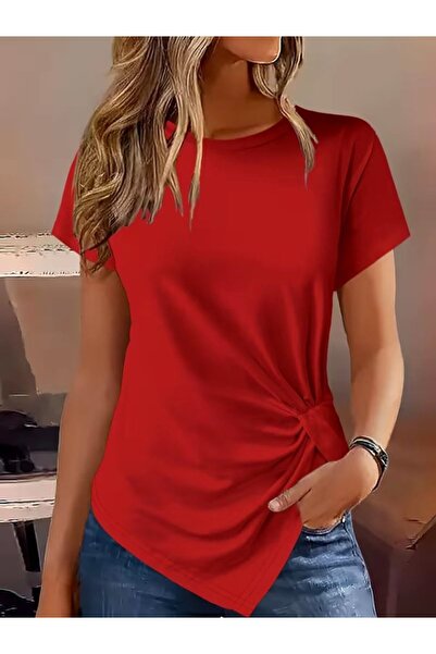 Veraura Lifestyle Women's Short Sleeve Crew Neck Asymmetrical Cut Detailed Vi...