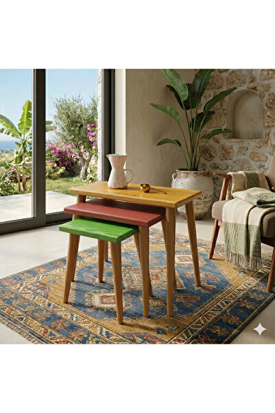 NaturoMobi Linea Ligni Premium 3'lü Zigon Sehpa - Metal Bağlantılı Doğal Ahşa...