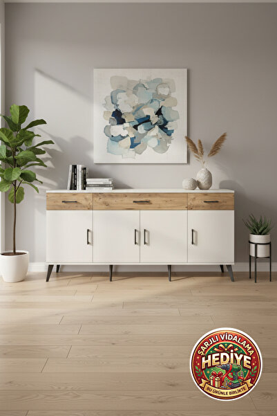 mobihobi Luna Konsol: 3 Raflı, 3 Çekmeceli, 4 Kapaklı (176cm) Aytaşı/Çam