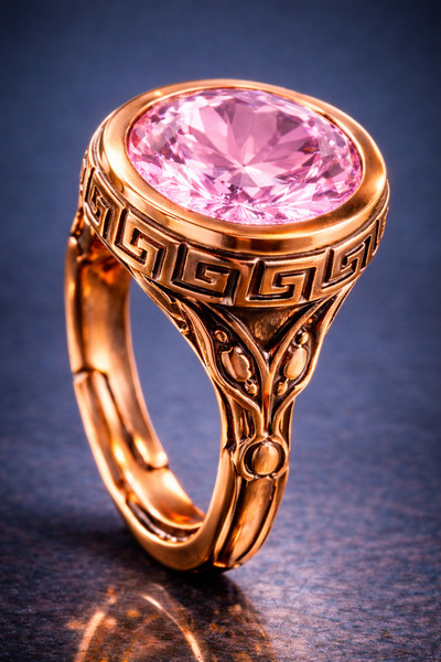 İyyaKee Light Pink Stone Copper Ring Handmade Antique Pattern Ring Women's Ad...