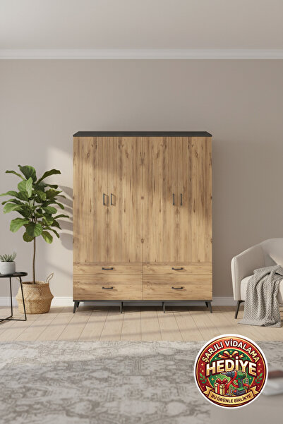 mobihobi Silva Gardrop 10 Raflı 4 Çekmeceli 4 Kapaklı 176x30x221 Antrasit-Çam