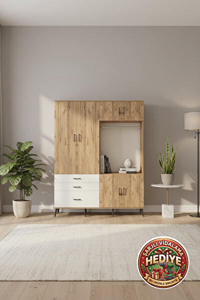 mobihobi Silva Gardırop: 176x30x221cm, 7 Raflı, 3 Çekmeceli, Tek Askılı