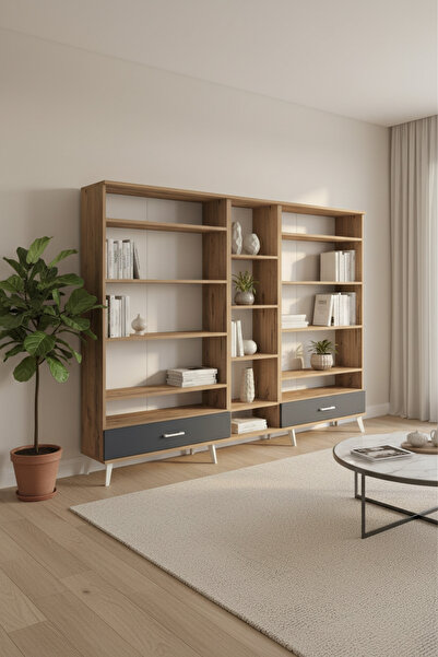 Silva Dolap 14 Raflı, 2 Çekmeceli 220x30x163 Çam/Antrasit Dekoratif Depolama - Kitaplık - Vitrin - Dolap - Modüler - Çalışma Odası - Kütüphane - Çok Amaçlı Dolap - Ofis - Evrak Dolabı