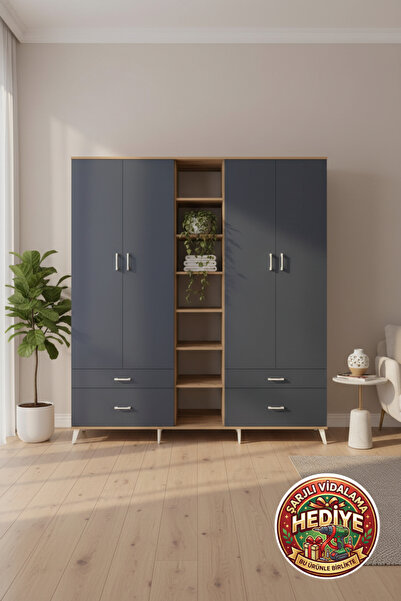 mobihobi Luna Gardrop 12 Raflı 4 Çekmeceli 2 Askılı 220x44x243 Çam-Antrasit
