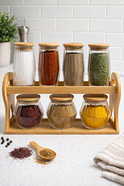 NOKKA Set of 7 Glass Jars with Bamboo Stands – Spice Rack with Lids, Storage ...