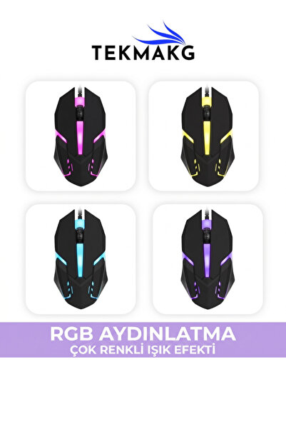 TEKMAKG Gaming Tasarım RGB Işıklı Kablolu Optik Mouse 1200 DPI Pc Laptop Uyumlu Siyah