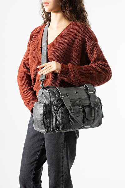 571 Collections Çanta Πλυμένη δερμάτινη τσάντα ώμου με πολλές τσέπες, γκρι Μο...