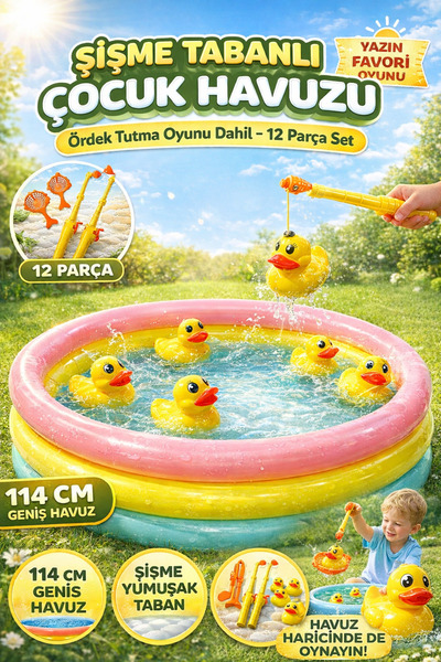YILDIRIM OYUNCAK 114cm Şişme Tabanlı Çocuk Havuzu + Ördek Tutma Oyunu 12 Parç...